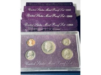 LOT (4) UNITED STATE MINT PROOF COIN SETS  IN CASE & BOX - 1988, 1989, 1990 & 1991