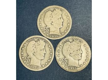 LOT OF (3) BARBER SILVER QUARTER COINS - 1915, 1915-D & 1915-S