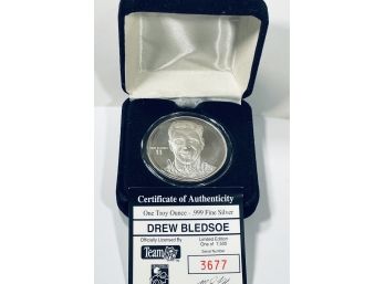 LIMITED EDITION SPORTS COMMEMORATIVE ONE TROY OUNCE .999 FINE SILVER COIN IN BOX - DREW BLEDSOE