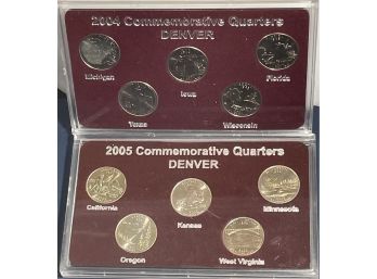 2004 & 2005 COMMEMORATIVE QUARTER COINS - DENVER MINT - 10 COIN IN CASE