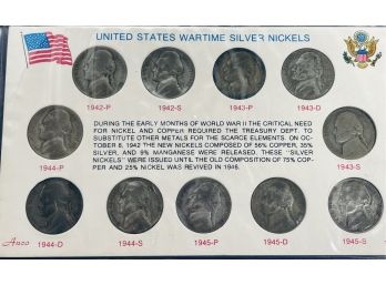 SET OF (11)UNITED STATES WARTIME SILVER NICKEL COMMEMORATIVE SET IN PLASTIC - SOME WRITING ON BACK- SEE PIC'S