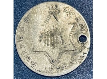 1854 THREE CENT SILVER TRIME COIN - HOLED