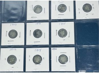 LOT (9) BARBER SILVER DIME COINS - 1897, 1898, 1908, 1909, 1910, 1911, 1912, 1914 & 1916