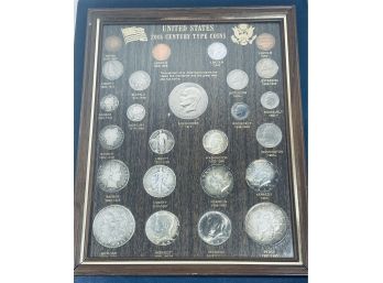 UNITED STATES 20TH CENTURY TYPE COINS IN FRAME- INCLUDES 24 COINS!  SEE DESCRIPTION