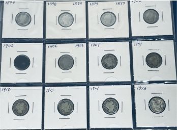 LOT (12) BARBER SILVER DIME COINS -1894, 1898, 1899, 1902, 1902, 1906, 1907, 1907, 1910, 1913, 1914 & 1916
