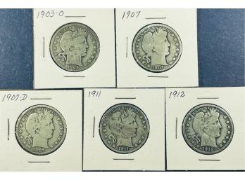 LOT (5) BARBER SILVER HALF DOLLAR COINS! - INCLUDES 1903-O, 1907, 1907-D, 1911 & 1912!