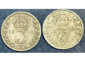 LOT (2) BRITISH 3 PENCE .925 SILVER COINS!