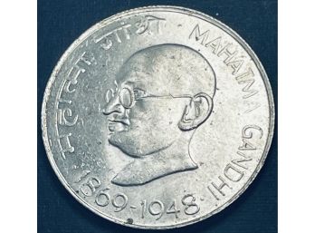 FOREIGN SILVER COIN - 1969 UNCIRCULATED 10 RUPEES SILVER COIN -MAHATMA GANDHI CENTENNIAL - .800 SILVER