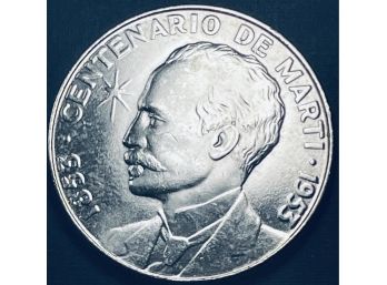 FOREIGN SILVER COIN - 1953 CUBA 1 PESO SILVER COIN - BU/BRILLIANT UNCIRCULATED - .900 SILVER