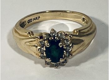 14K GOLD EMERALD AND DIAMOND RING - SIGNED CID - SIZE 6