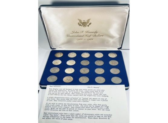 U.S. 1964-1984 JOHN F KENNEDY UNCIRCULATED HALF DOLLAR COIN SET IN DISPLAY BOX! INCLUDES 20 COINS!