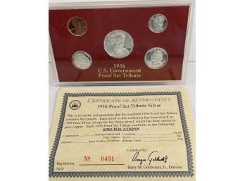 1936 US GOVERNMENT PROOF SET TRIBUTE - FIVE PROOF ROUNDS - (4) .999 FINE SILVER PROOF ROUNDS & (1) PENNY PROOF