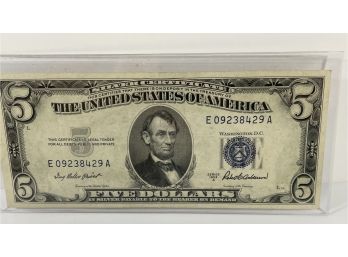 1953 A $5 DOLLAR BLUE SEAL UNITED STATES NOTE - XF CONDITION -SEE PICTURES