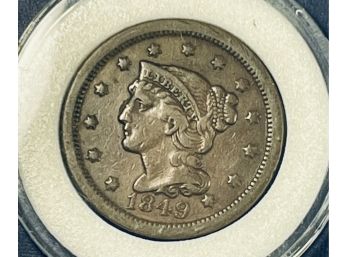 1849 BRAIDED HAIR LARGE CENT COIN- XF! IN PLASTIC CAPSULE