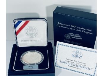 UNITED STATES MINT JAMESTOWN 400TH ANNIVERSARY COMMEMORATIVE PROOF 90 PERCENT SILVER DOLLAR COIN IN CASE & BOX