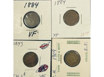 LOT (4) INDIAN HEAD CENT PENNY COINS - (2) 1884, 1893 & 1909 - VF & XF - SEE PICTURES