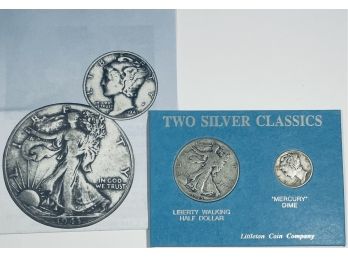 TWO SILVER CLASSICS COIN SET -  1945 WALKING LIBERTY HALF DOLLAR & 1943 MERCURY DIME- LITTLETON COIN COMPANY