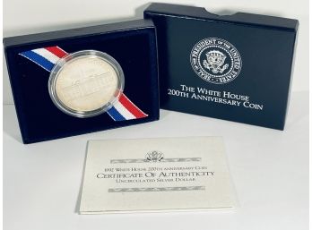 1992 WHITE HOUSE 200TH ANNIVERSARY UNCIRCULATED SILVER DOLLAR - COA & BOX INCLUDED!