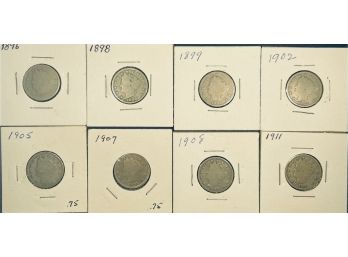 LOT (8) LIBERTY NICKEL COINS - 1896, 1898, 1899, 1902, 1905, 1907, 1908 & 1911