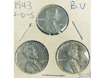 1943 P, D & S LINCOLN WHEAT STEEL CENT PENNY COINS - BU / BRILLIANT UNCIRCULATED