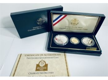 1992 US Columbus Quincentenary 3-Coin Commemorative Proof Set - $5 GOLD, $1 SILVER DOLLAR & 1/2 SILVER DOLLAR