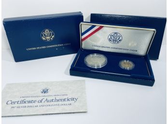 1987 US CONSTITUTION SILVER DOLLAR COIN & FIVE DOLLAR GOLD PROOF SET - OGP & COA