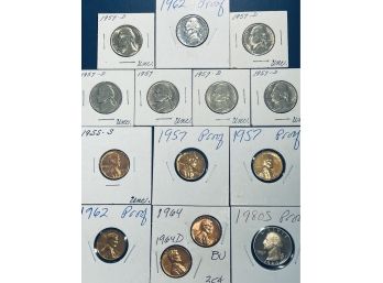 LOT (14) US COINS - UNCIRCULATED & PROOF - QUARTER, NICKELS & CENTS - SEE PICTURES!