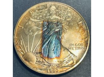 1990 AMERICAN SILVER EAGLE COIN - 1 TROY OZT .999 FINE SILVER - TONED