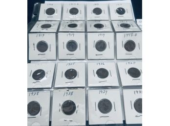 LOT (20) WHEAT CENT PENNY COINS - AVERAGE CONDITION - ALL CARDED - RETIRED DEALER INVENTORY