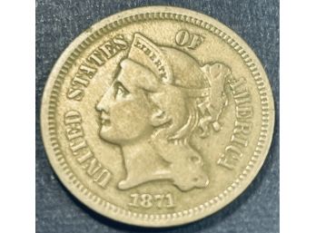 1871 THREE 3 CENT NICKEL COIN