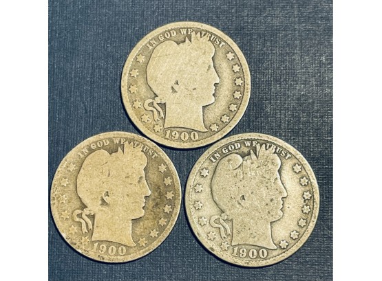 LOT OF (3) BARBER SILVER QUARTER COINS - 1900, 1900-O & 1900-S