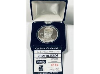 LIMITED EDITION SPORTS COMMEMORATIVE ONE TROY OUNCE .999 FINE SILVER COIN IN BOX - DREW BLEDSOE