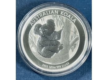 2013 AUSTRALIAN 50 CENTS 1/2 OZ .999 FINE SILVER KOALA COIN - BU- IN CAPSULE