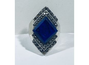 LAPIS & MARCASITE STERLING SILVER RING - SIZE 5 1/2