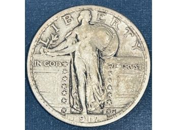 1917-S STANDING LIBERTY SILVER QUARTER COIN - VARIETY 2- SEMI - KEY DATE - VF