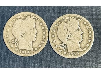 LOT OF (2) BARBER SILVER QUARTER COINS - 1914 & 1914-D