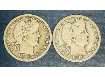 LOT OF (2) BARBER SILVER QUARTER COINS - 1916 & 1916-D