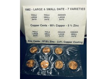 1982 LARGE & SMALL DATE LINCOLN MEMORIAL CENT PENNY COINS - 7 VARIETIES