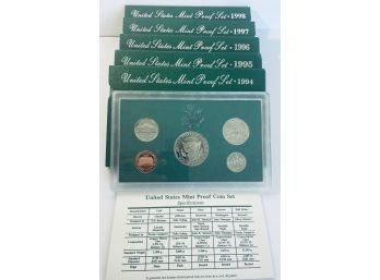 LOT(5) UNITED STATES PROOF SETS IN ORIGINAL BOXES- INCLUDES: 1994, 1995, 1996, 1997 & 1998