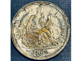 1862 SEATED LIBERTY SILVER DIME - FULL LIBERTY - VF