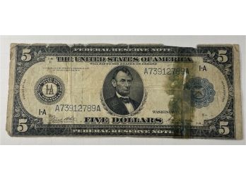 1914 $5 FEDERAL RESERVE BLUE SEAL NOTE - TORN  W/ TAPE - SEE PICTURES