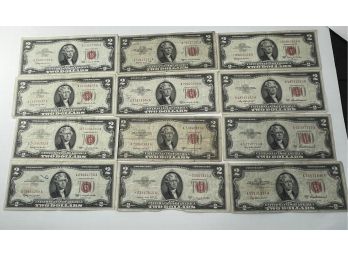 LOT (12) $2 TWO DOLLAR RED SEAL UNITED STATES NOTES - INCLUDES: (4) 1963, (4) 1963A & (4) 1963B SERIES