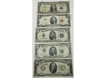 MIXED LOT (5) UNITED STATES NOTES & SILVER CERTIFICATES- $1 & $5 SILVER CERTIFICATE & $2, $5 & $10 US NOTES