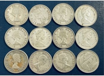 LOT (12) CANADIAN 25 CENT SILVER COINS - .800 SILVER - $3.00 FACE VALUE