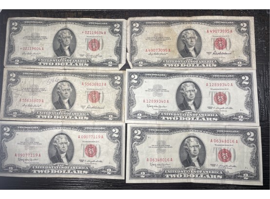 LOT (6) $2 TWO DOLLAR RED SEAL UNITED STATES NOTES - INCLUDES:  (1) 1953 STAR NOTE, (2) 1953-A & (3) 1963
