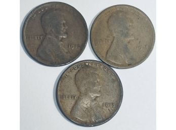 LOT (3) 1913, 1914 & 1915 LINCOLN WHEAT CENT PENNY COINS