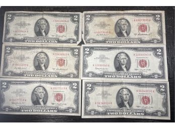 LOT (6) $2 TWO DOLLAR RED SEAL UNITED STATES NOTES - INCLUDES:  (1) 1953 STAR NOTE, (2) 1953-A & (3) 1963