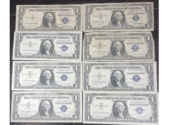 LOT (8) $1 ONE DOLLAR SILVER CERTIFICATES - 1935E, 1935F, (3)1957, 1957A & (2) 1957B SERIES