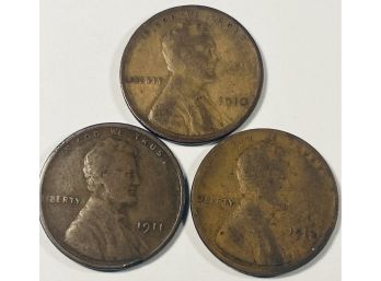 LOT (3) 1910, 1911 & 1912 LINCOLN WHEAT CENT PENNY COINS