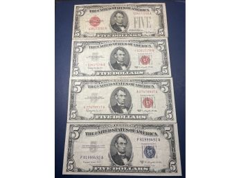 (4) $5 FIVE DOLLAR RED SEAL US NOTES  & SILVER CERTIFICATE-1928-C NOTE, (2) 1963 US NOTES & 1953-B SILVER CERT